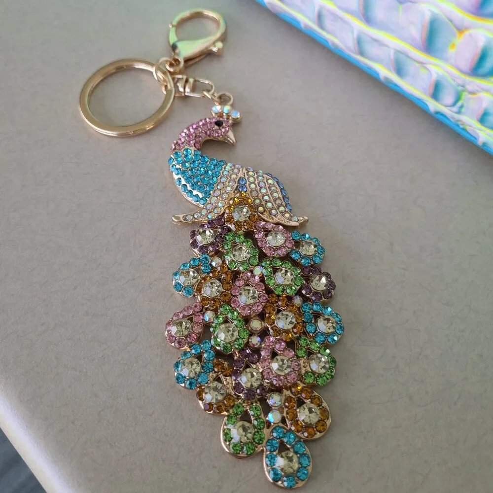 Colorful Peacock Crystal Rhinestone Gold Tone Metal Purse Charm and Key ring